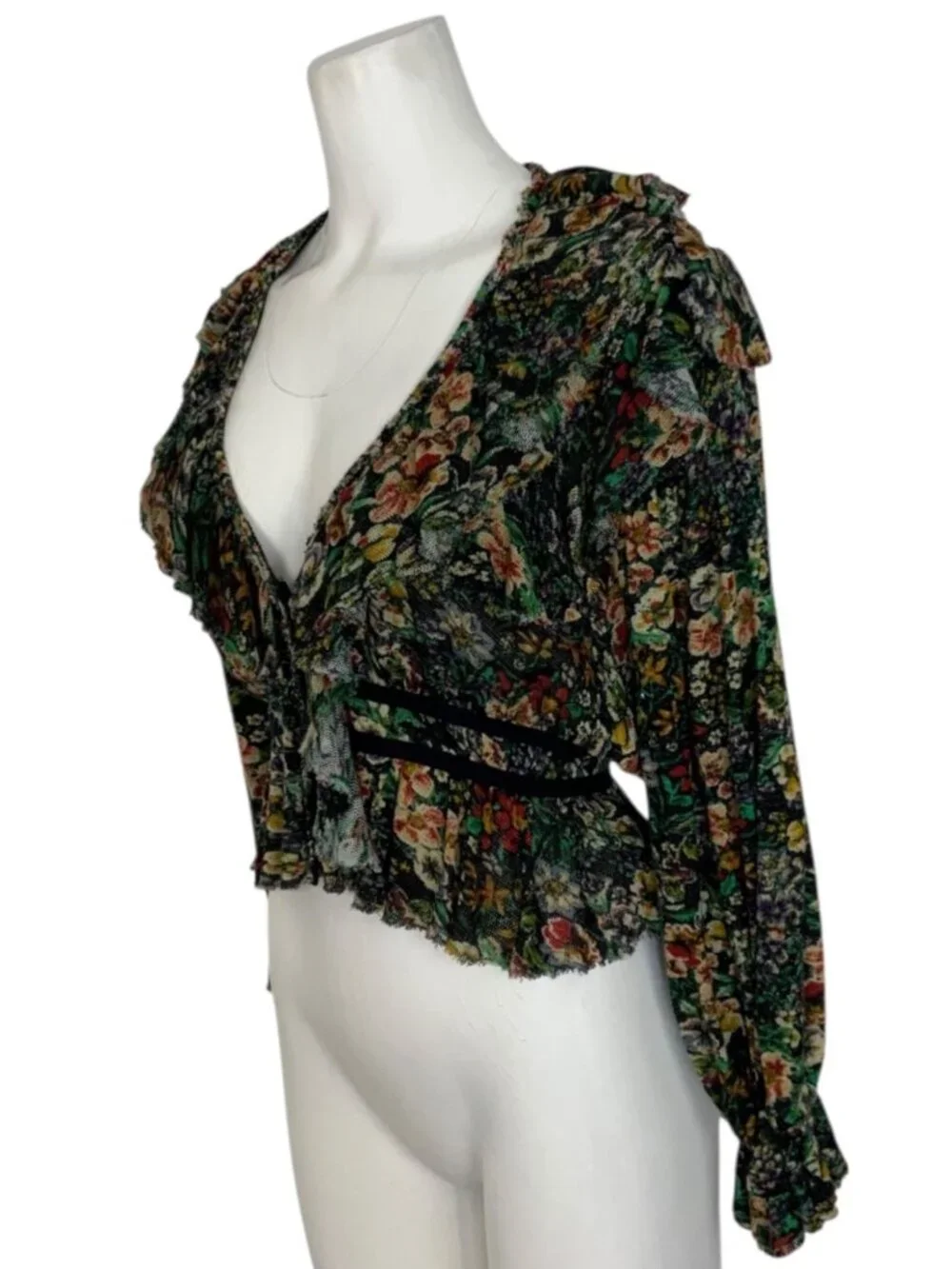 Free People Rudi Ruffle Top Blouse M Night Garden Floral Cropped
